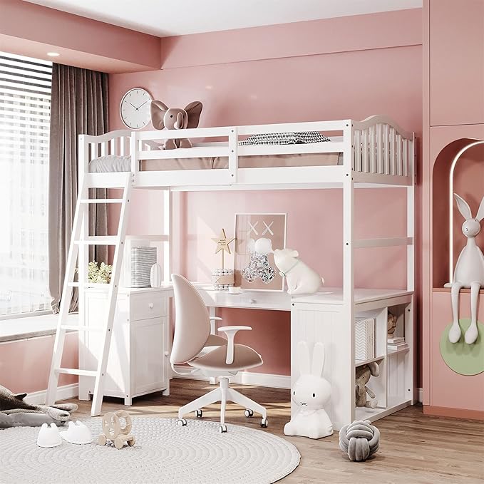 Loft Bed with Desk and Drawers, Wooden Twin Loft Bed with Storage Shelves and