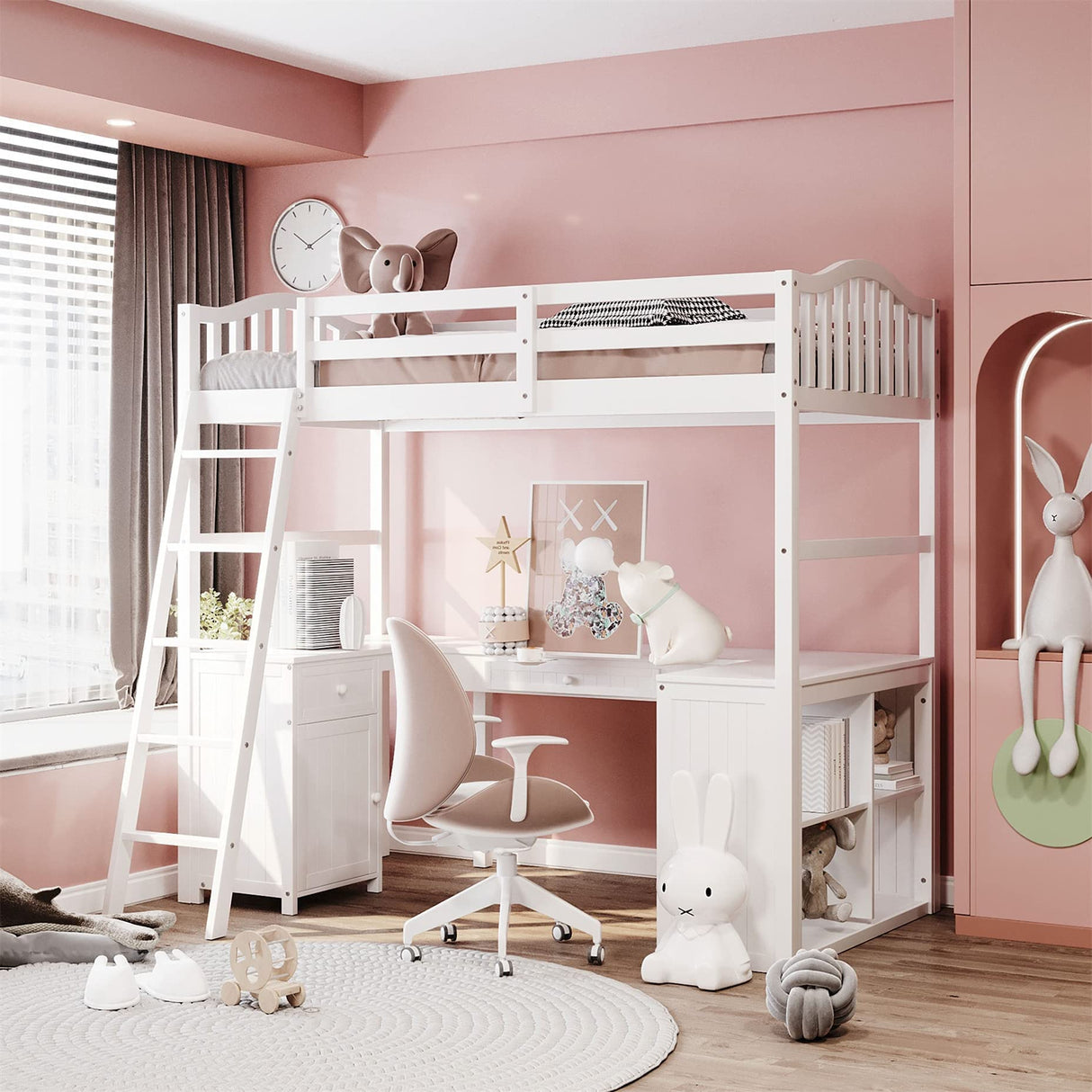 Loft Bed with Desk and Drawers, Wooden Twin Loft Bed with Storage Shelves and