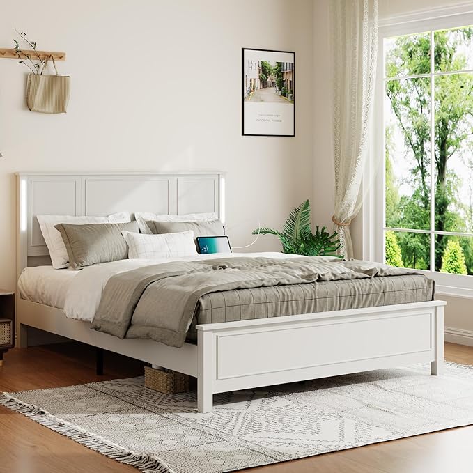 Wooden Bed Frame Queen Size with Headboard, Farmhouse Platform Bedframe