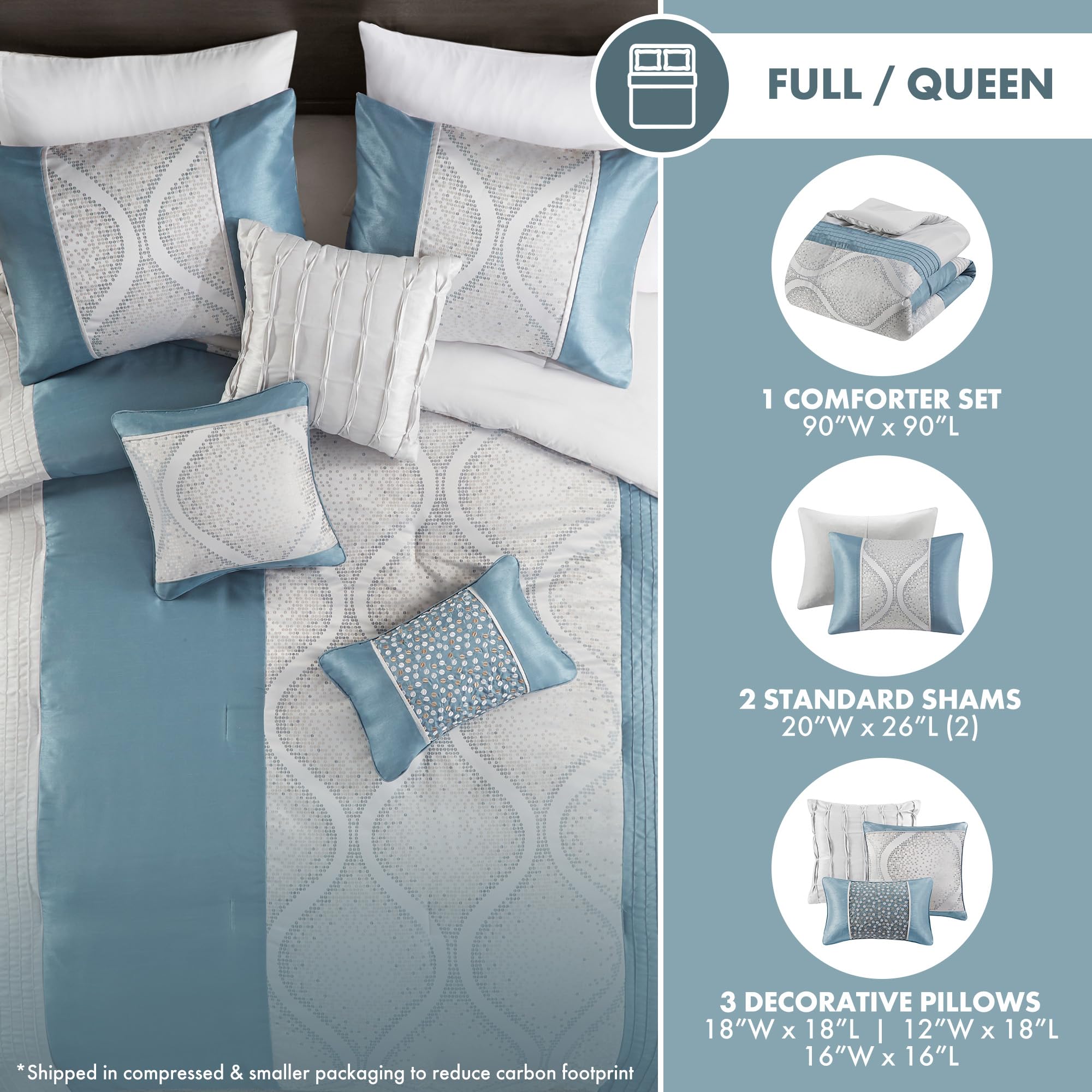 Jacquard Queen Comforter Set - Ogee Print with Pleated Trims - 6 Piece Bedding Set