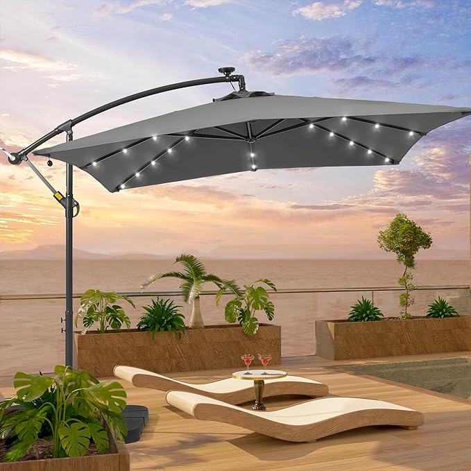 Solar Offset Hanging Market Patio Umbrella, rectangle patio umbrella, Steel Pole