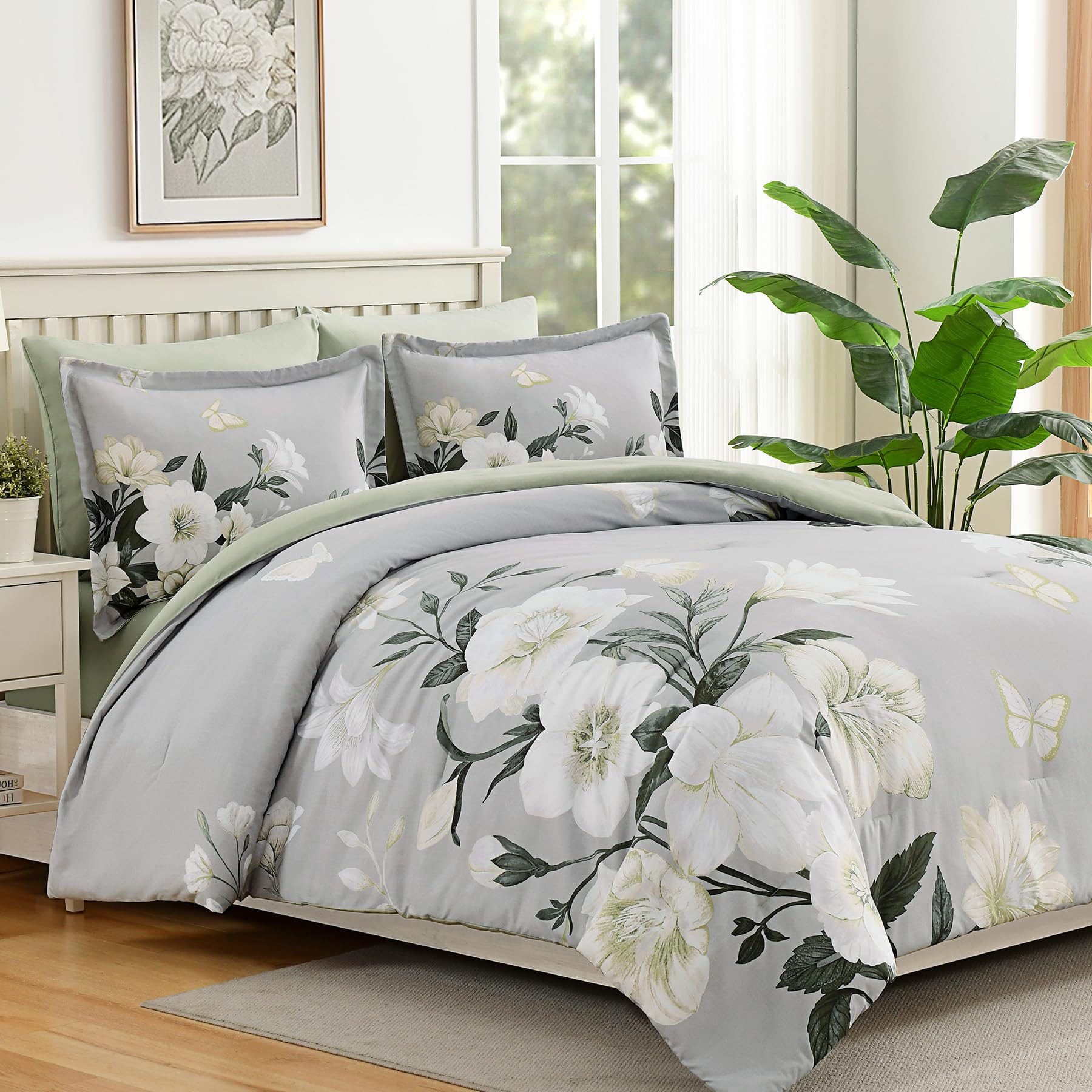 7-Piece King Comforter Set - Sage Green Floral