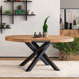 Emma Round Extendable Table, Rustic Oak with Black crossed legs, Made in Italy