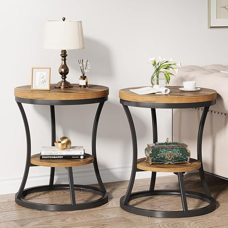 Round End Table, 2 Tier Industrial Side Table, Accent Bedside Table Nightstand