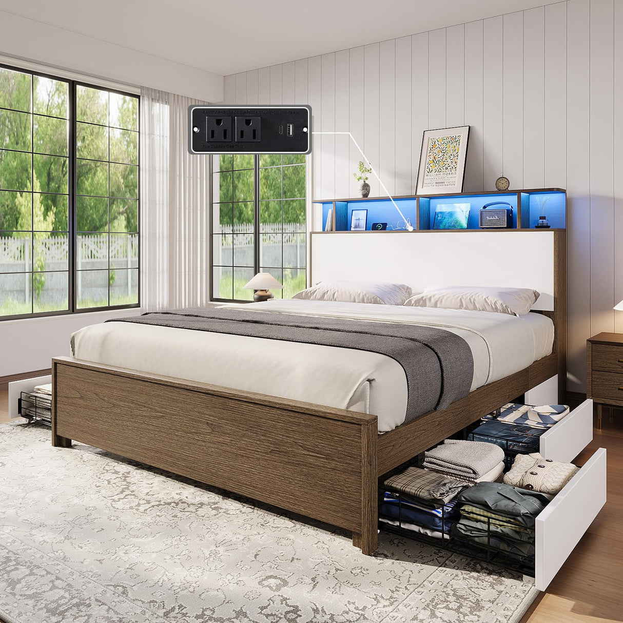 Bookcase Headboard and LED Light, Rustic Platform Bed with Charging Station