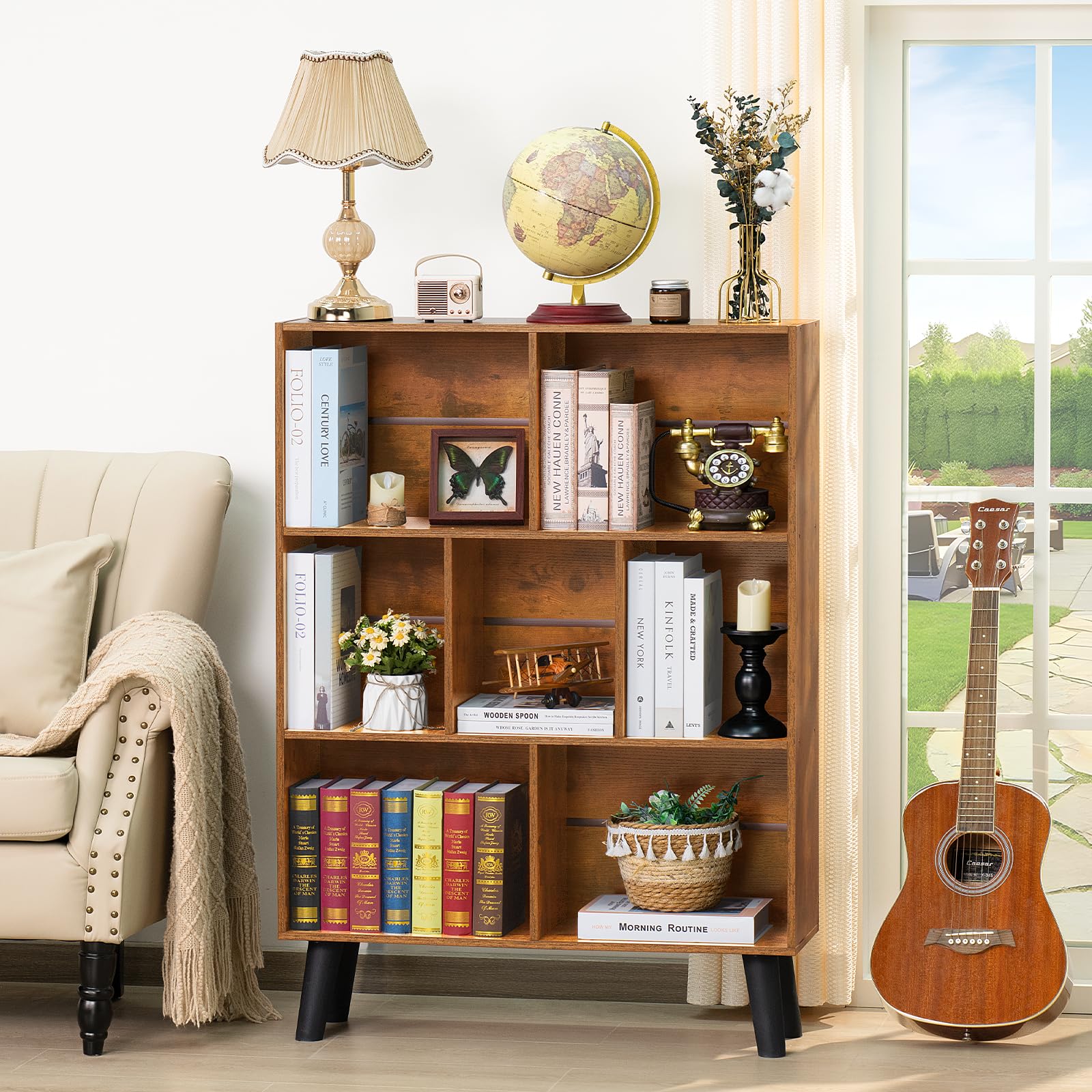 YUFAM Vintage Bookshelf with Legs, 3 Tier Mid Century Modern Standing Book Shelf, 7 Cube Rustic Bookcase with Shelves for Storage and Display in Living Room, Bedroom, Brown
