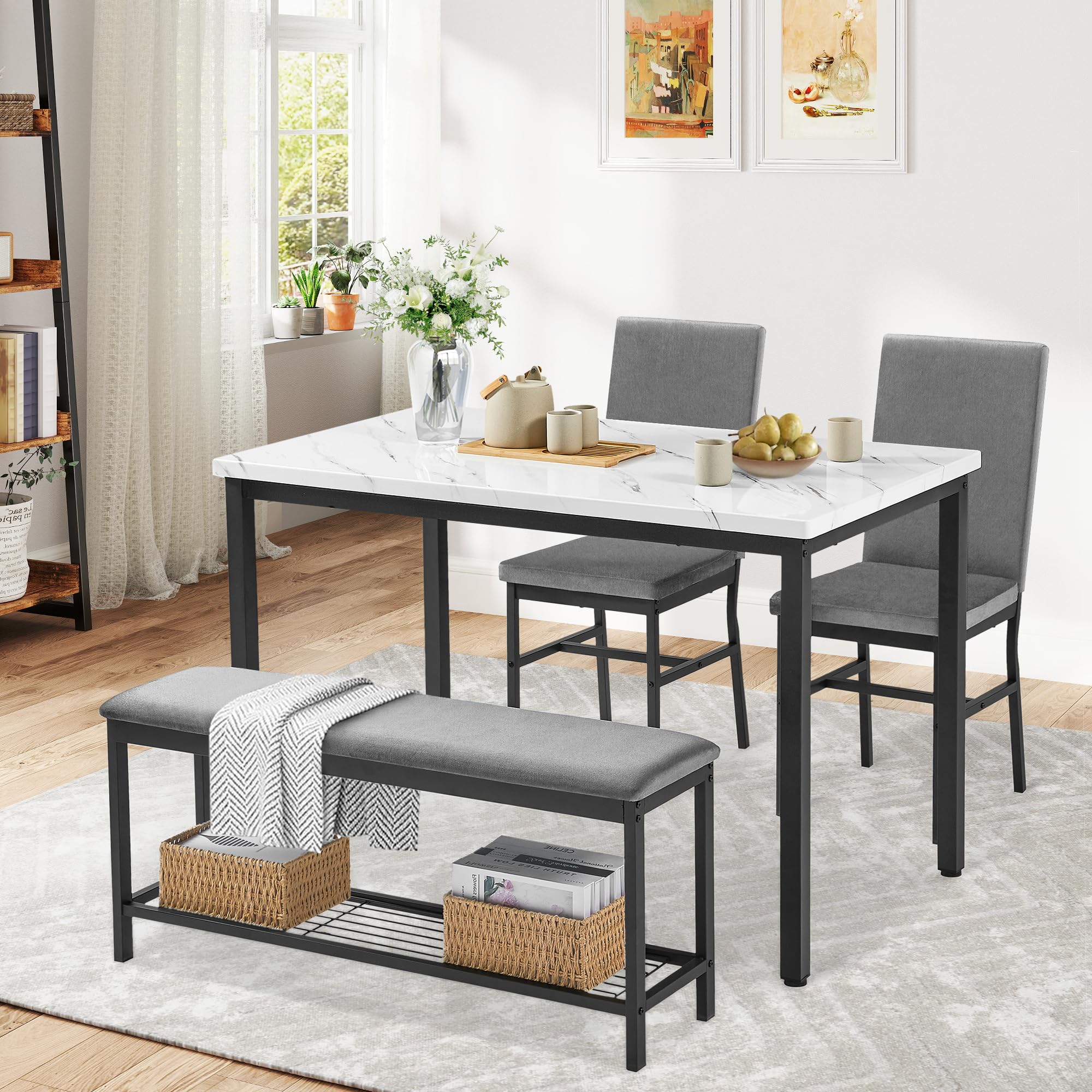 47.2" Faux Marble Dining Table Set for 4 with Velvet Chairs and Bench