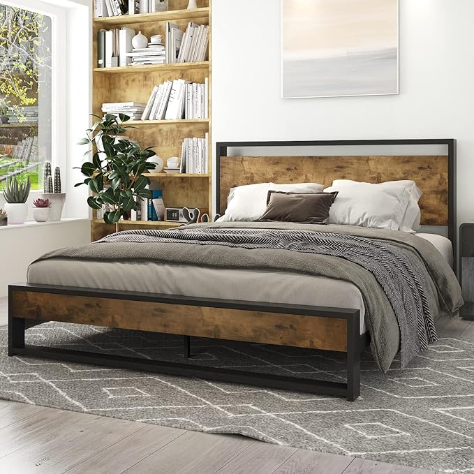 Full Bed Frame with Wood Headboard,Rustic Platform Bed with Heavy Duty Metal