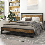 Full Bed Frame with Wood Headboard,Rustic Platform Bed with Heavy Duty Metal