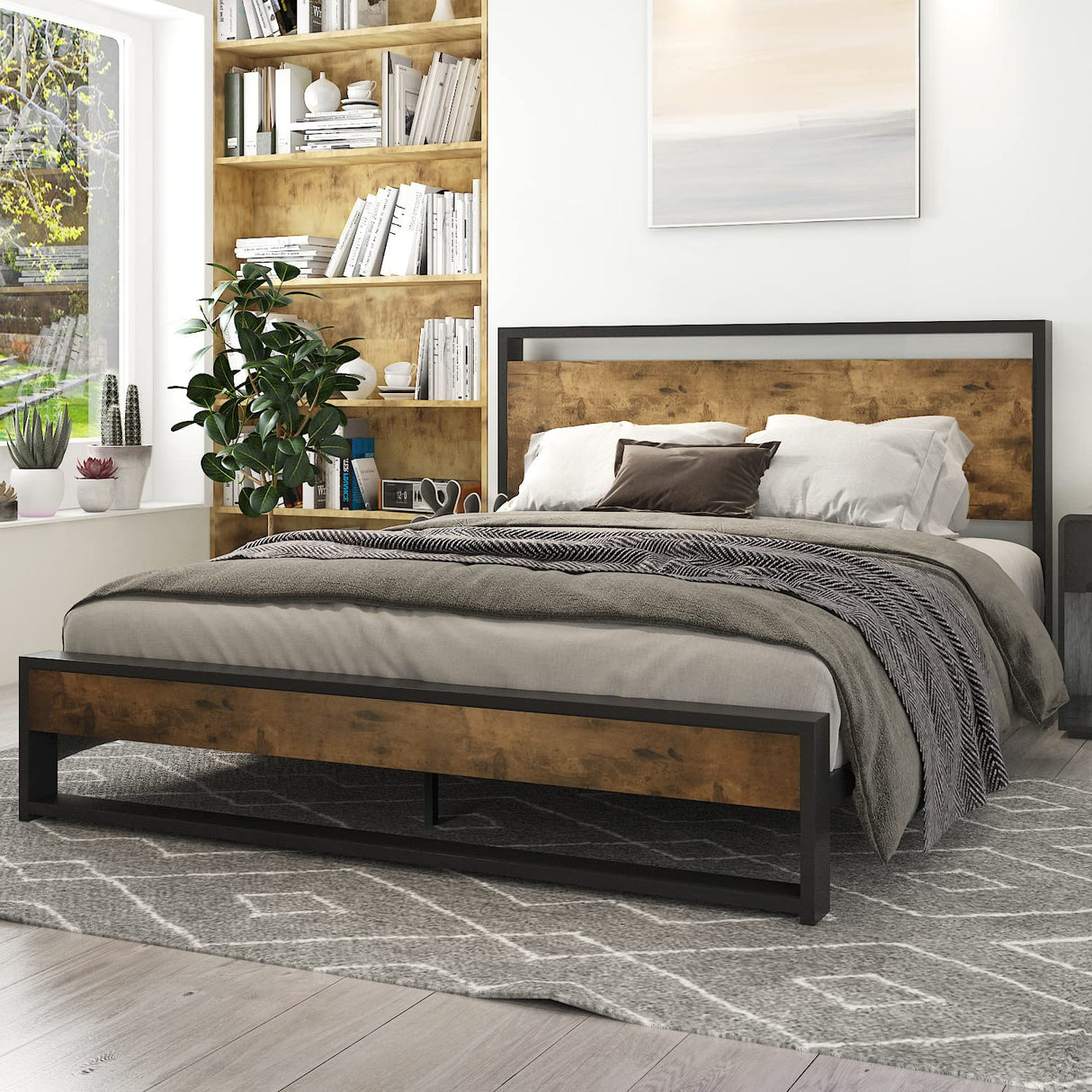 Full Bed Frame with Wood Headboard,Rustic Platform Bed with Heavy Duty Metal