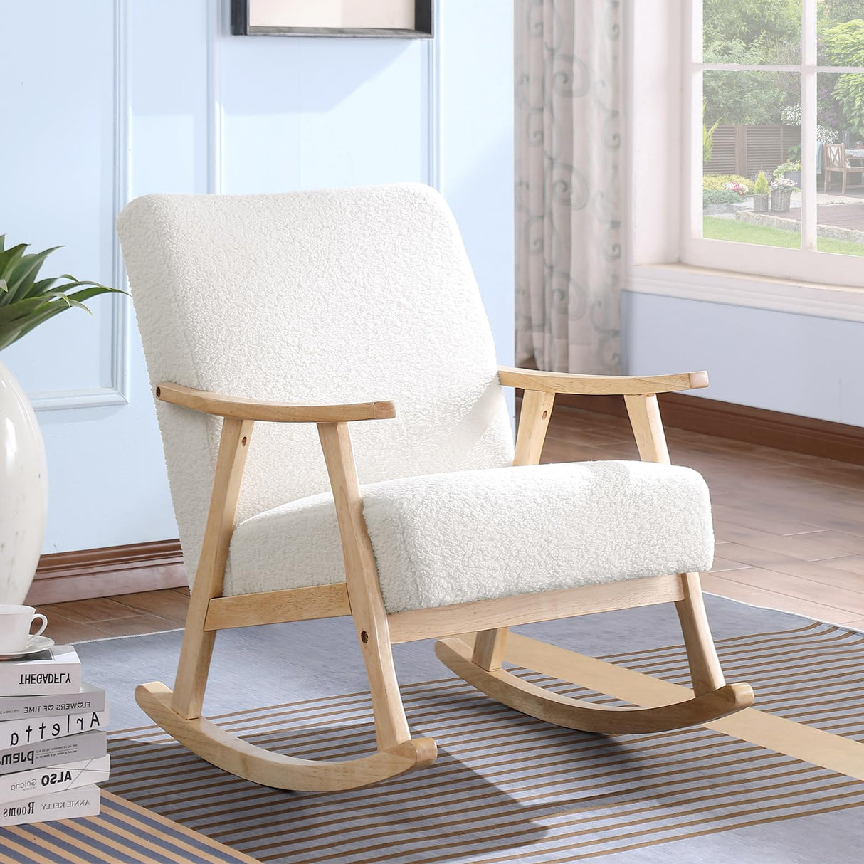 Rocking Chair Nursery, Teddy Upholstered Glider Rocking Chair Sherpa Nursing Glider Rocker Chair Indoor Comfy Boucle Armchair Rocking Accent Chair for Living Room Bedroom Reading Room, White