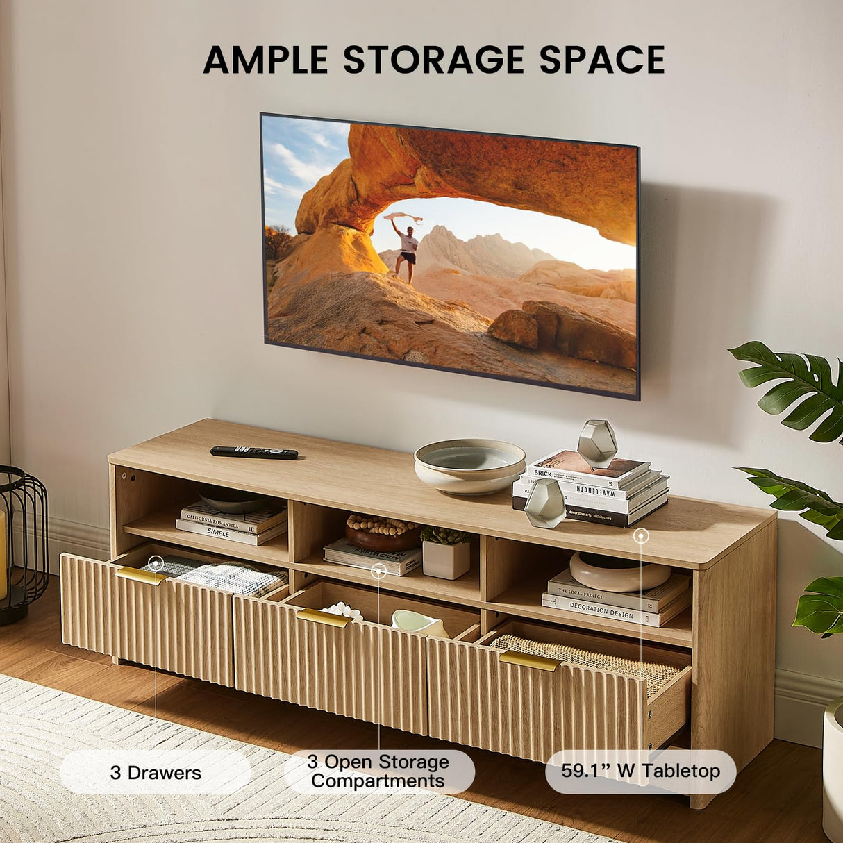 Fluted TV Stand for 50-65" TVs with Drawers and Open Shelf