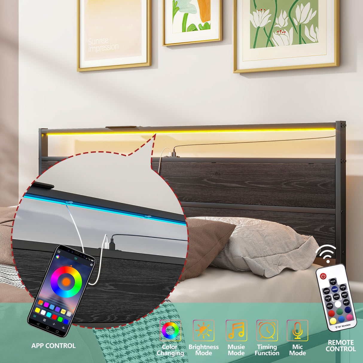 Queen Metal Platform Bed Frame with LED Headboard & USB Charging