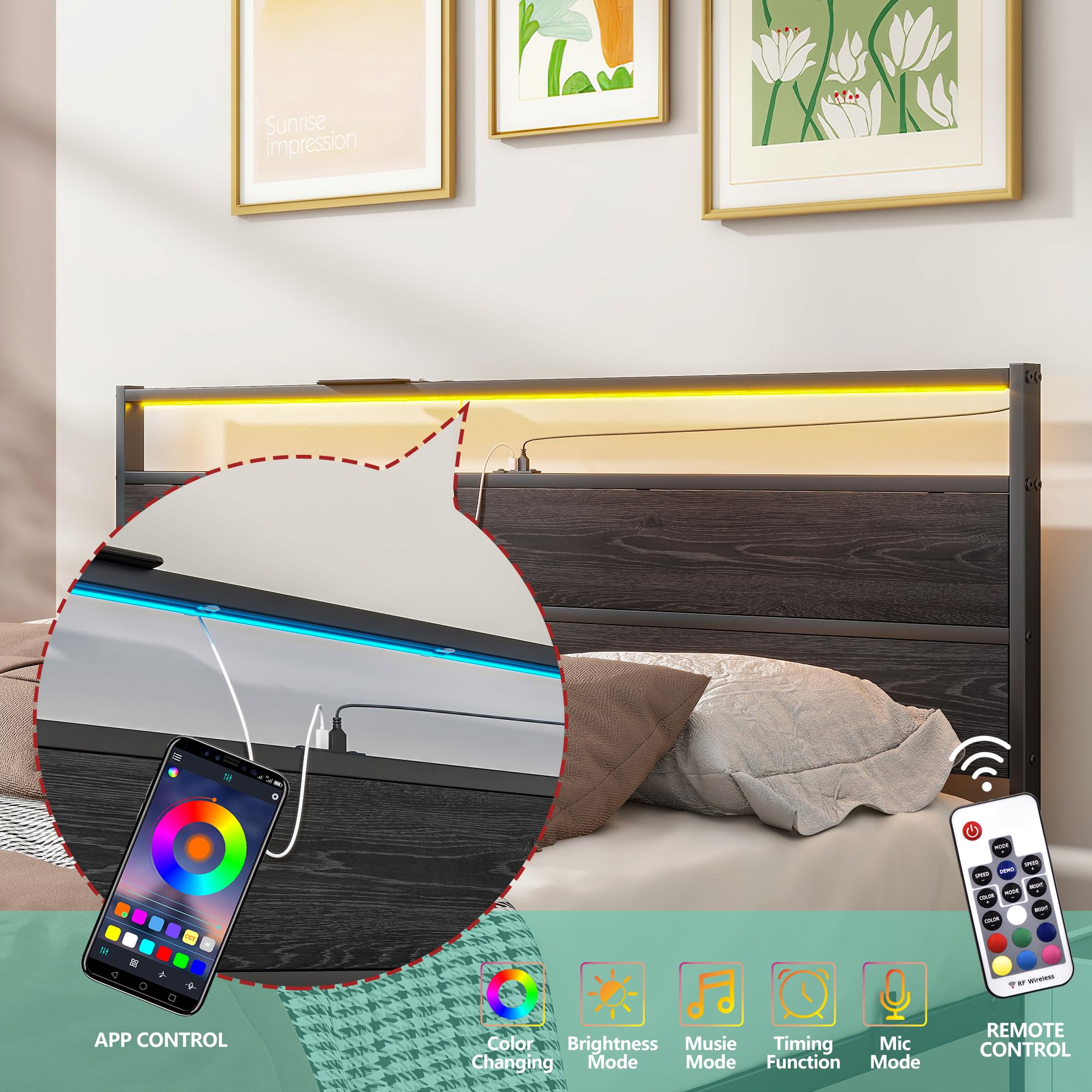 Queen Metal Platform Bed Frame with LED Headboard & USB Charging