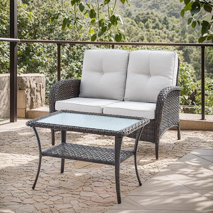 Outdoor Loveseat Sofa 2-Seat PE Wicker Outdoor Couch with Coffee Table