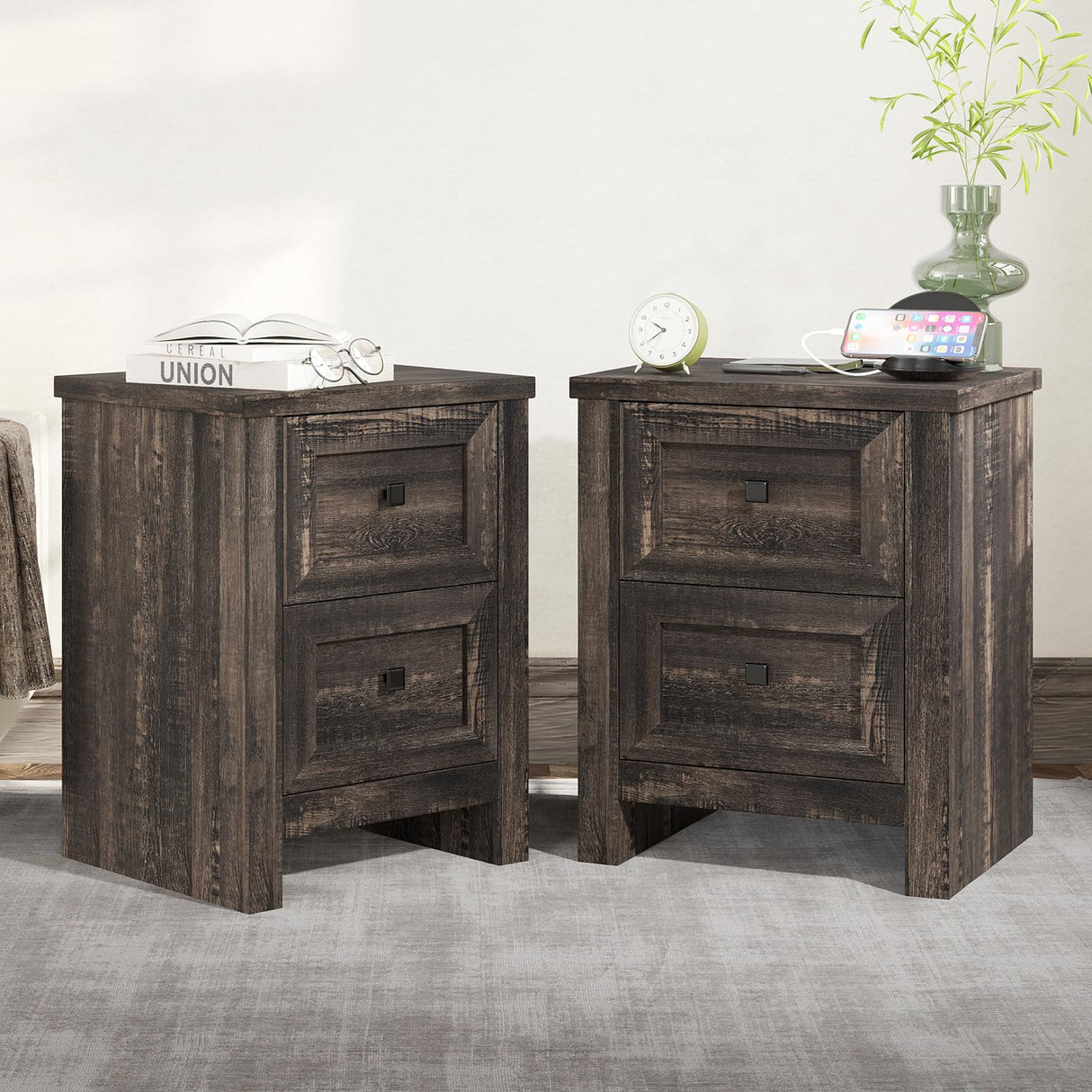 Nightstand Set of 2 with Charging Station, Rustic Bedside Table with Drawers Storage,