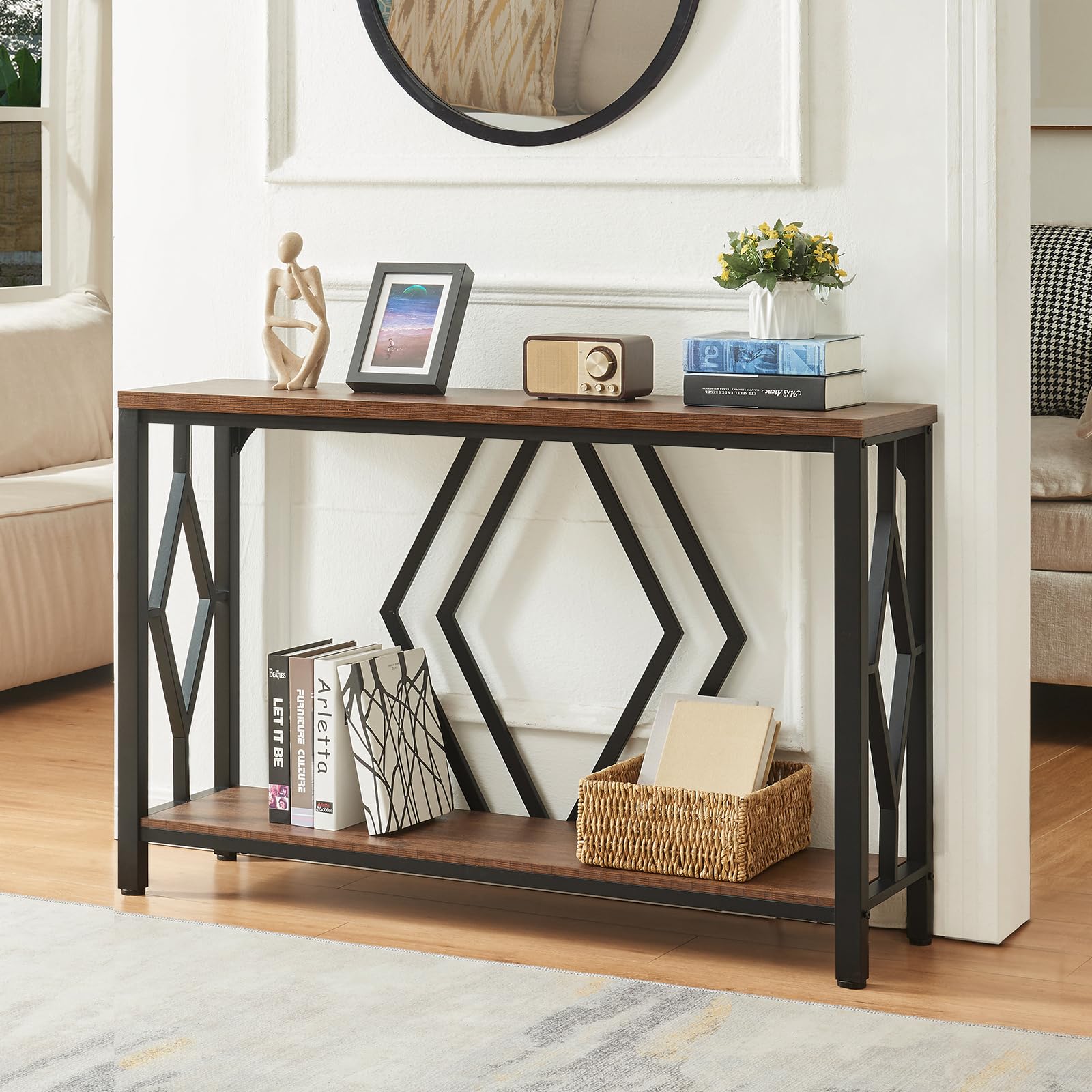 2-Tier Industrial Console Table - Rustic Brown Entryway Table 47"