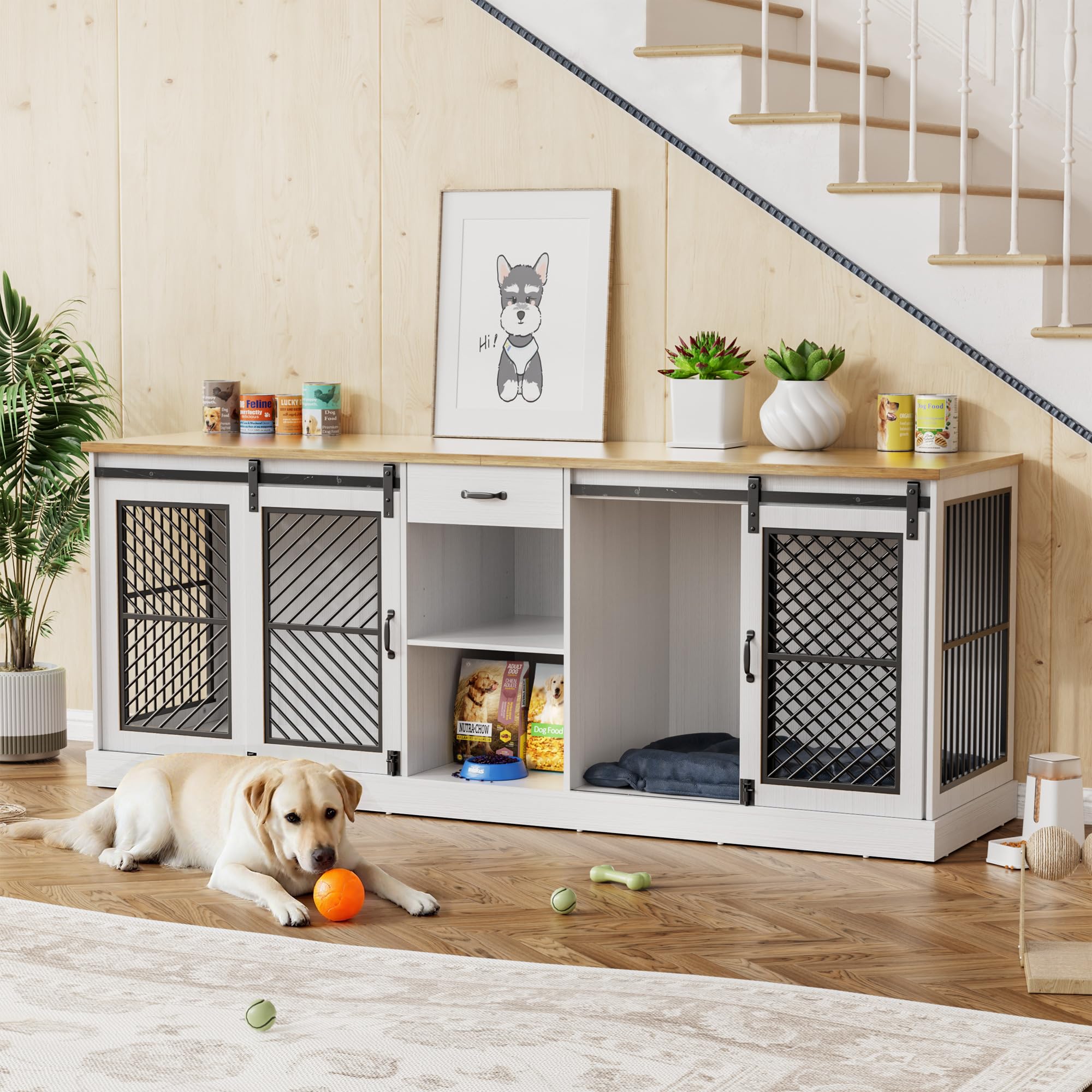 87" Double Dog Crate Furniture - Heavy Duty Indoor Kennel TV Stand