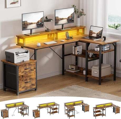 L Shaped Desk, Home Office Desk,68 Inch Corner Desk with File Drawers & Storage Shelves