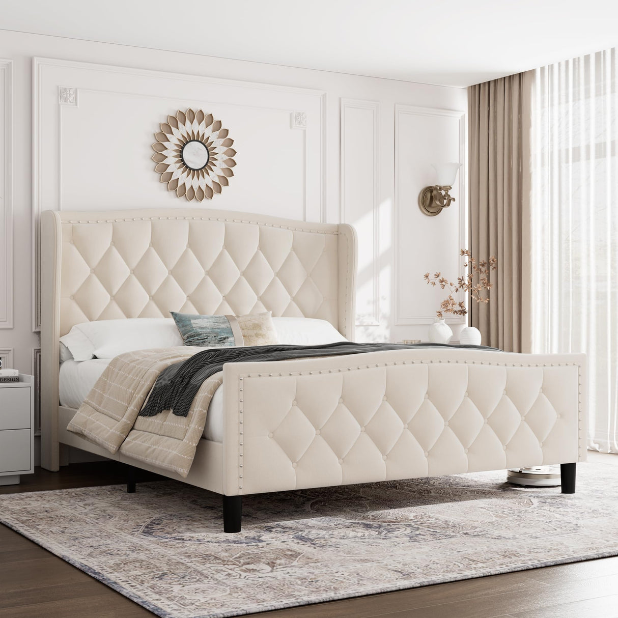 Queen Bed Frame Velvet Upholstered Platform Bed with Wing Side Headboard, Wooden