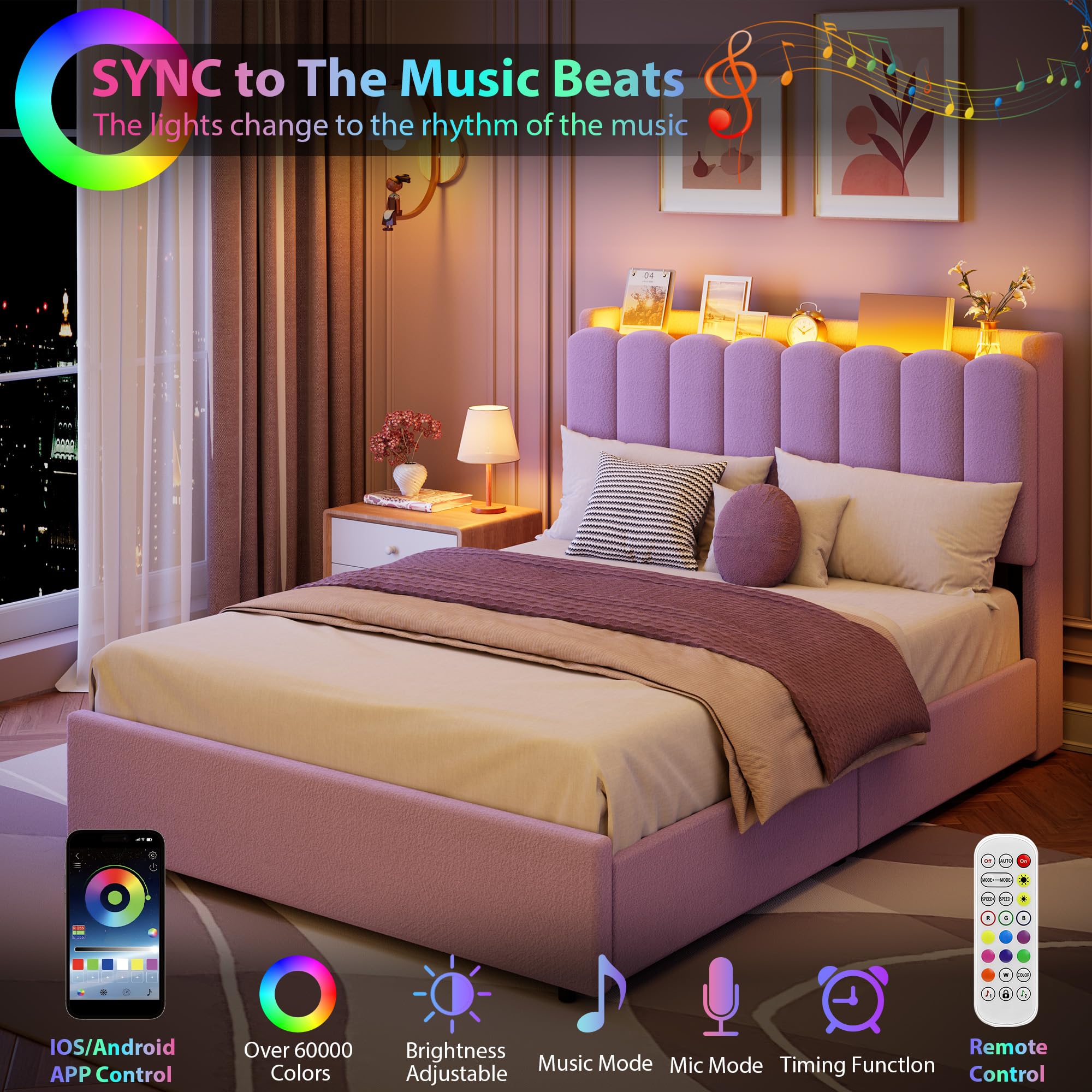 Full LED Bed Frame with Storage Drawers & Bookcase Headboard