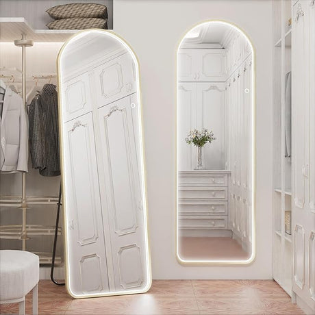 LED Full Length Mirror with Lights Arch Design, 56"x16" Full Body Mirror with Stands, Full Length Mirror Wall Mounted for Bedroom, Dimming & 3 Color Lighting (Brushed Gold)