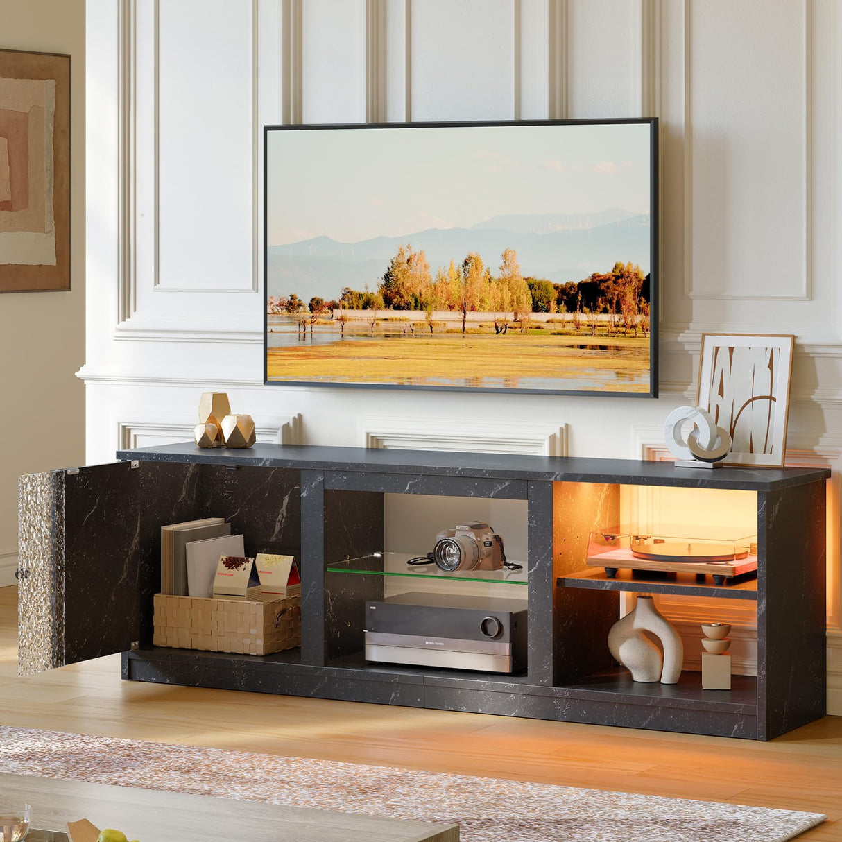63-Inch LED TV Stand for 70/55/65 Inch TV, Black Gaming Entertainment Center