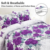 Floral Quilt Set Queen Size Elegant Purple Rose Bedding Bedspreads 3 Pieces