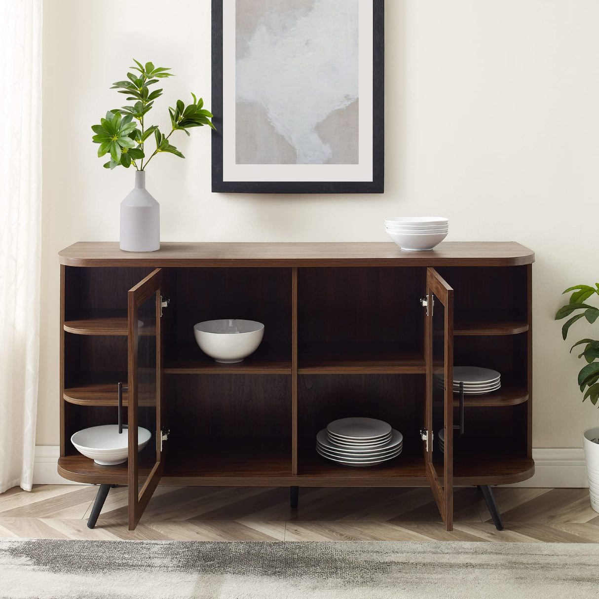 Willow Modern Fluted Door Curved End Sideboard, 58 Inch, Dark Walnut