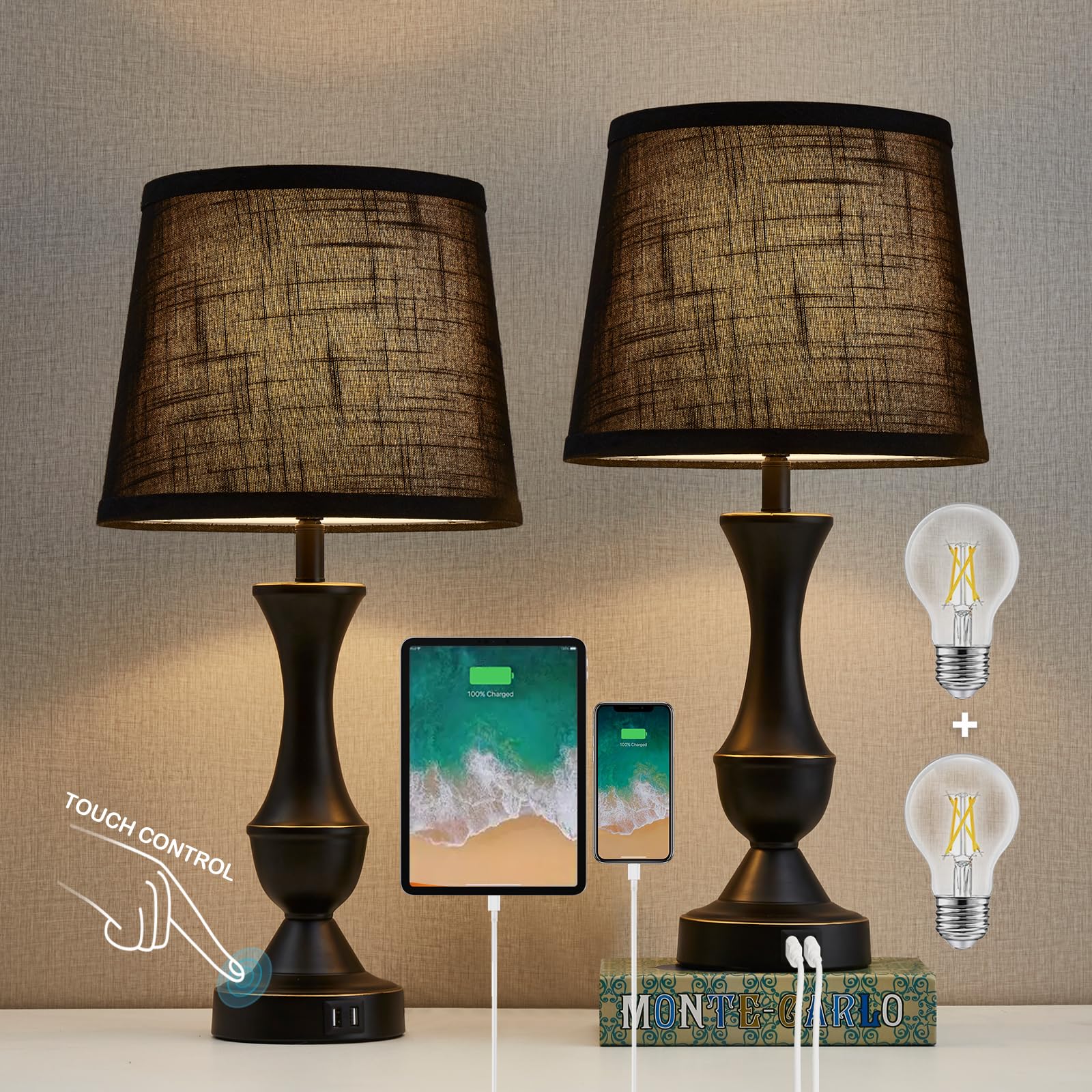 Touch Table Lamps Set of 2, 22" Tall Bedside Lamps