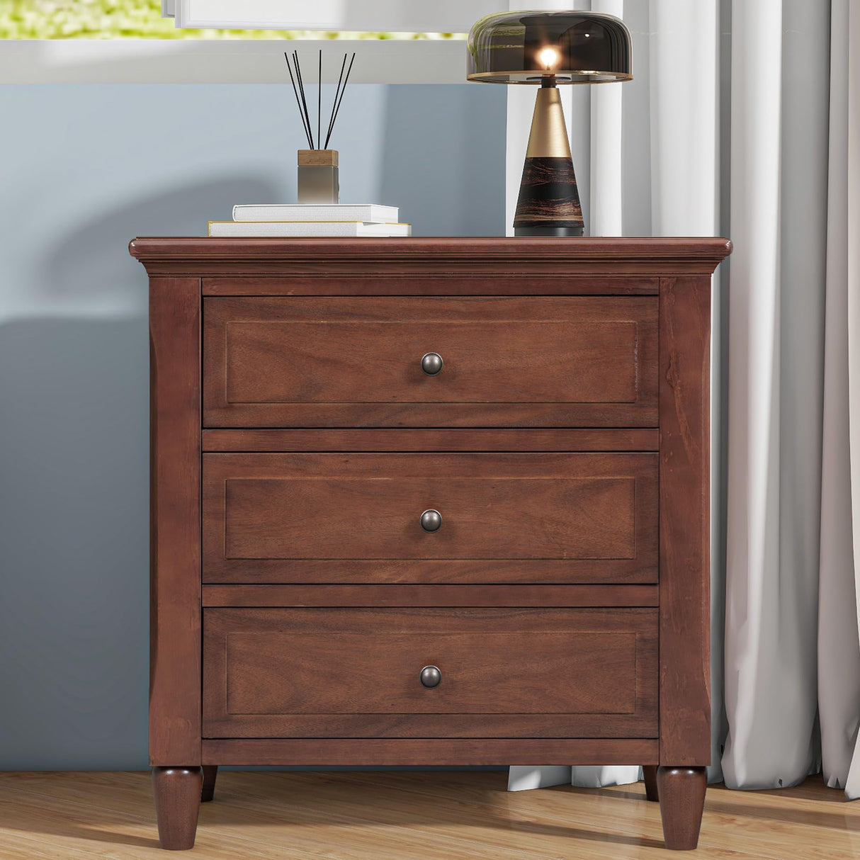 Nightstands with 3 Drawers for Bedroom, Modern Wood Bedside End Table, Walnut