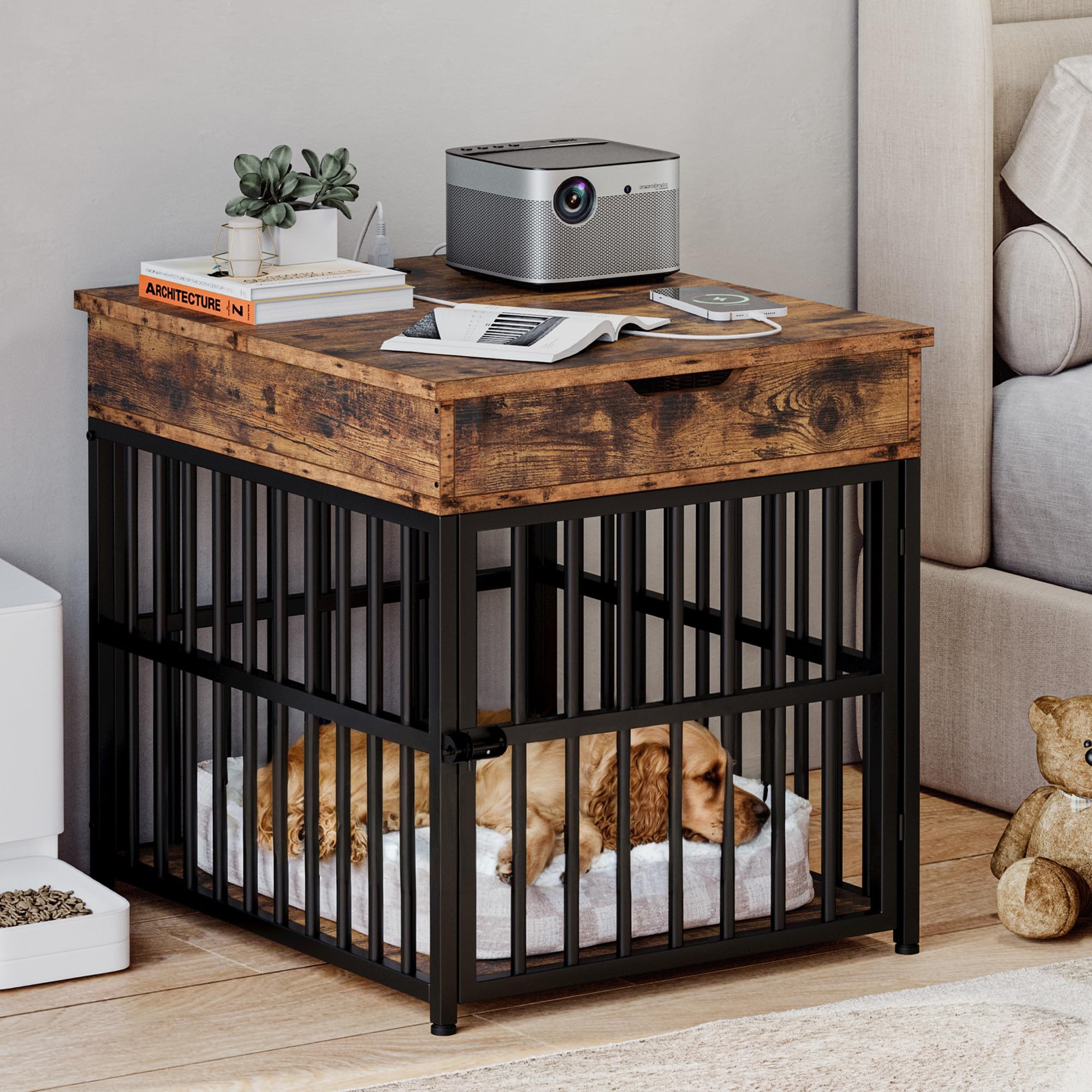 Dog Crate Furniture for Small Dogs with Charging Station