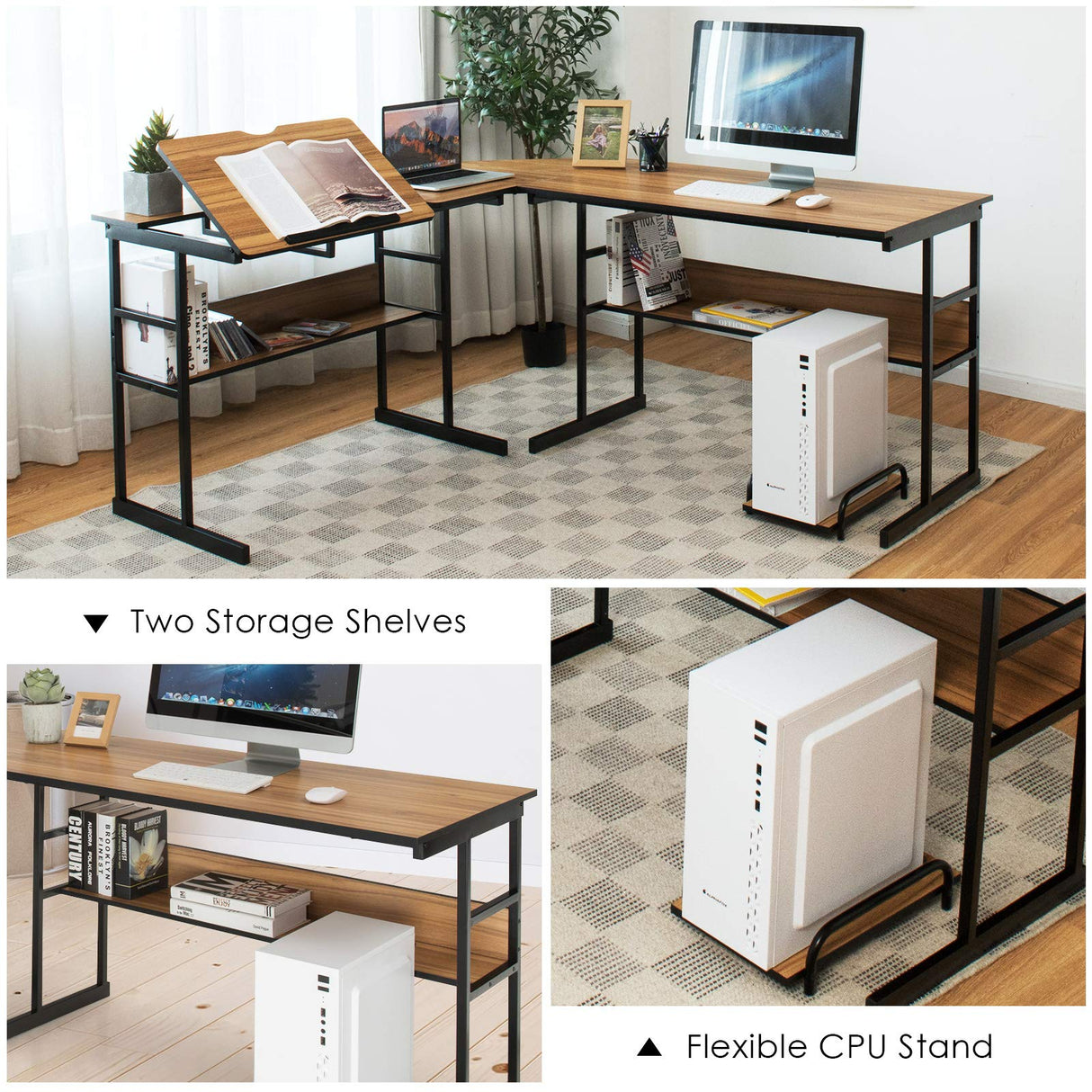 L-Shaped Drafting Desk, Corner Computer Desk with Bottom Bookshelves & CPU Stand