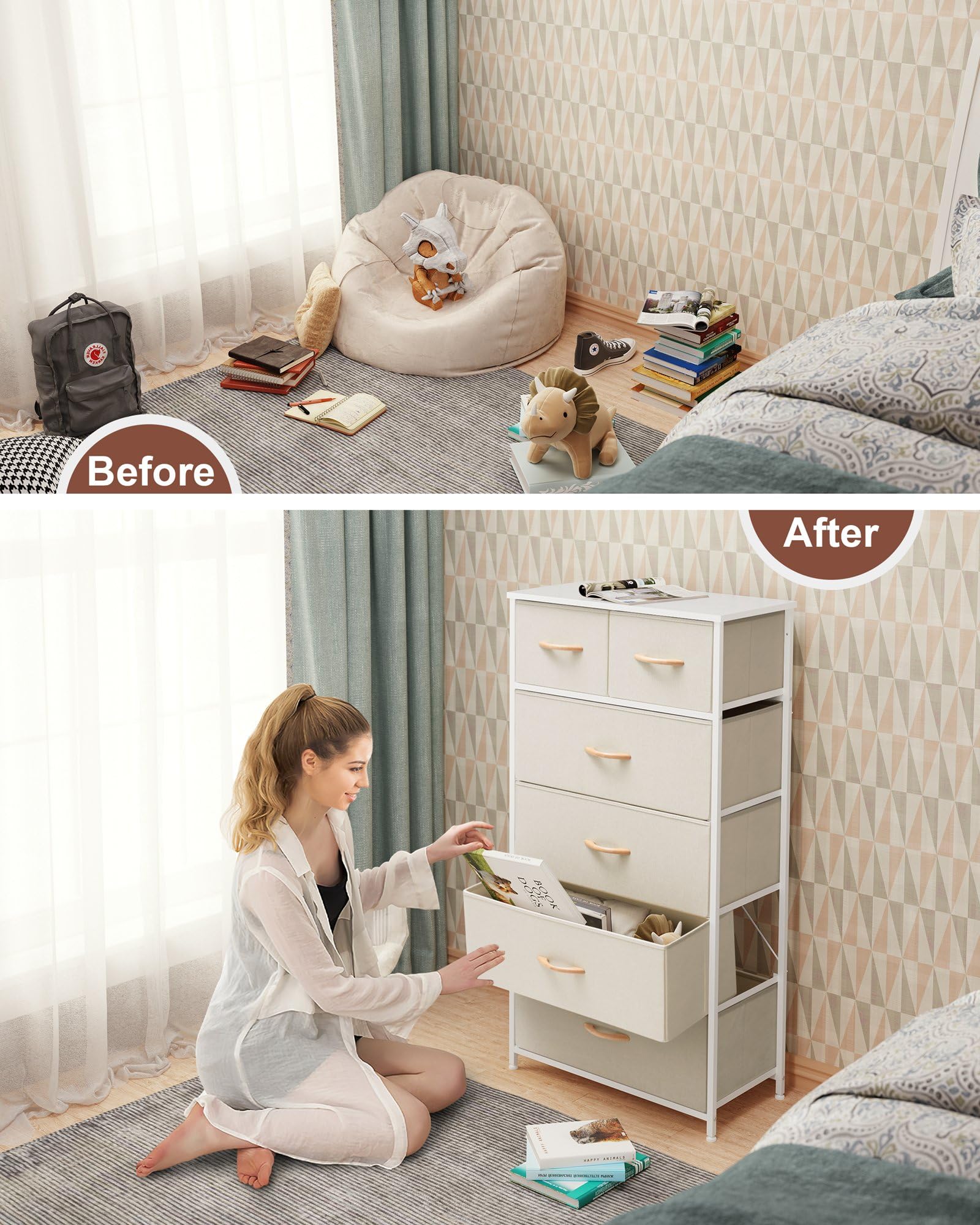 Vertical Dresser Storage Tower - Sturdy Steel Frame, Wood Top, Easy Pull Fabric Bins