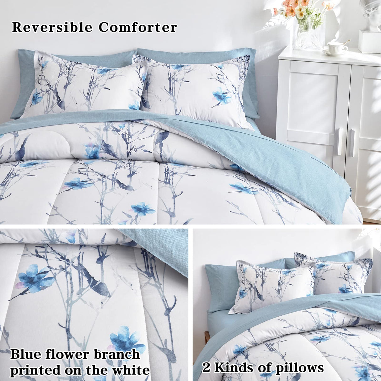 Bed in a Bag Twin Comforter Set with Sheets, Blue Flower Branch on White Botanical