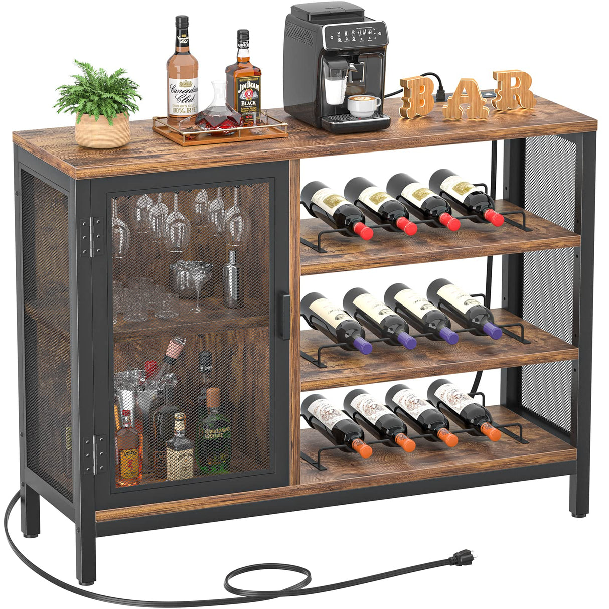 Wine Bar Cabinet with Power Outlets, Industrial Coffee Bar Cabinet for Liquor