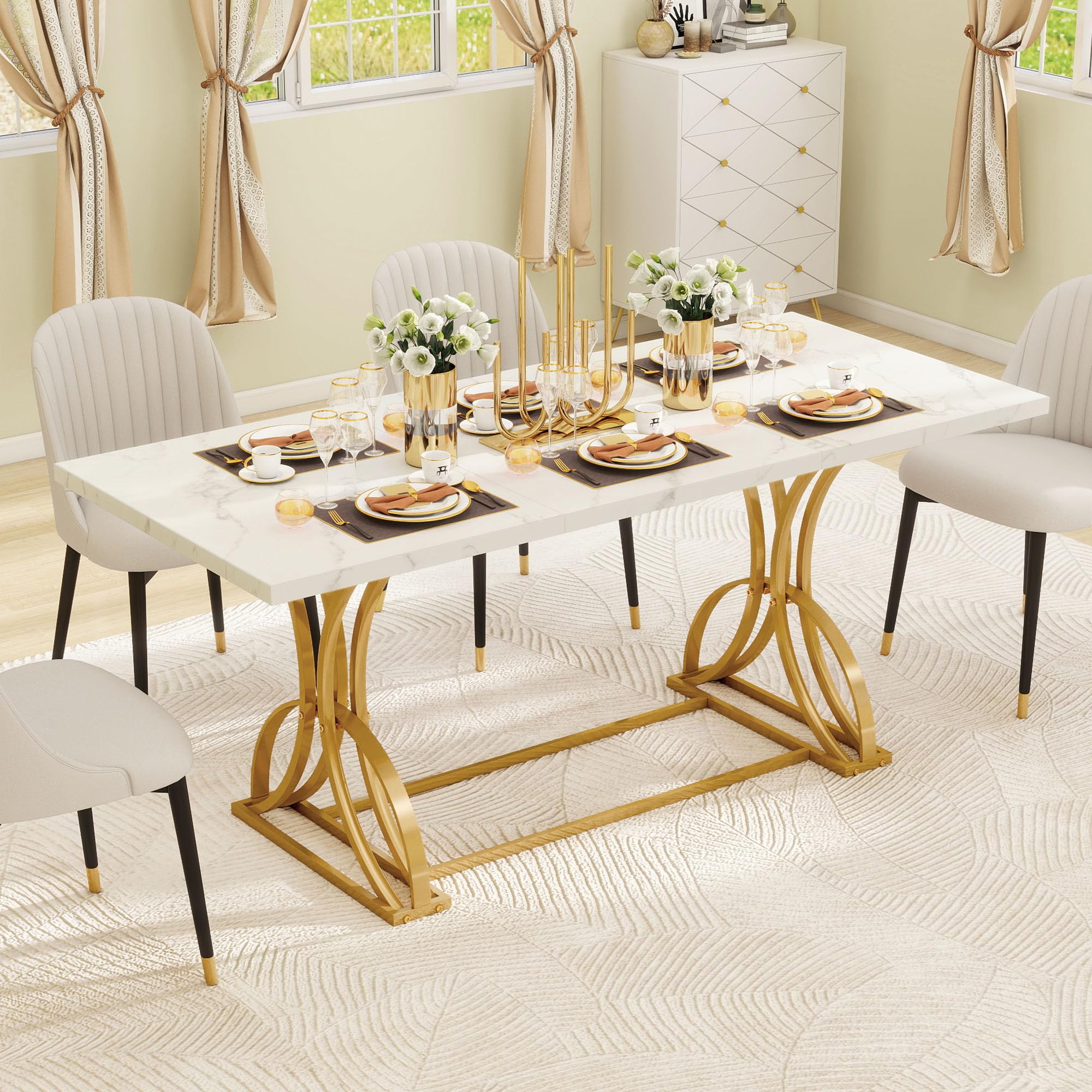70.3" Modern Dining Table for 6-8 People - White Marble & Gold