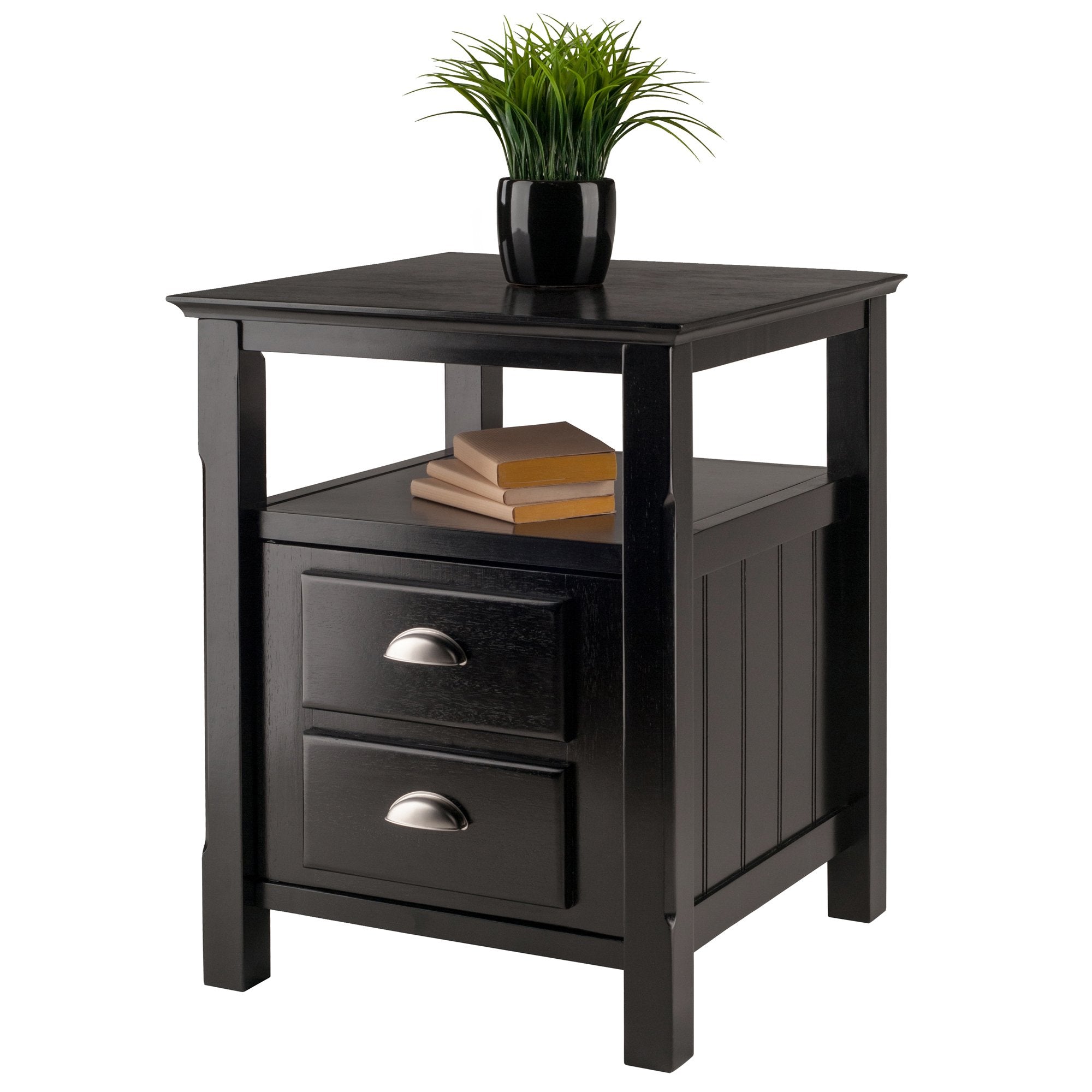 Solid Wood 2 Drawer Timber Night Stand Black Finish