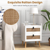 Rattan Nightstand Set of 2, Boho Side Table with 2 Rattan Drawers & 4 Solid Wood Legs,