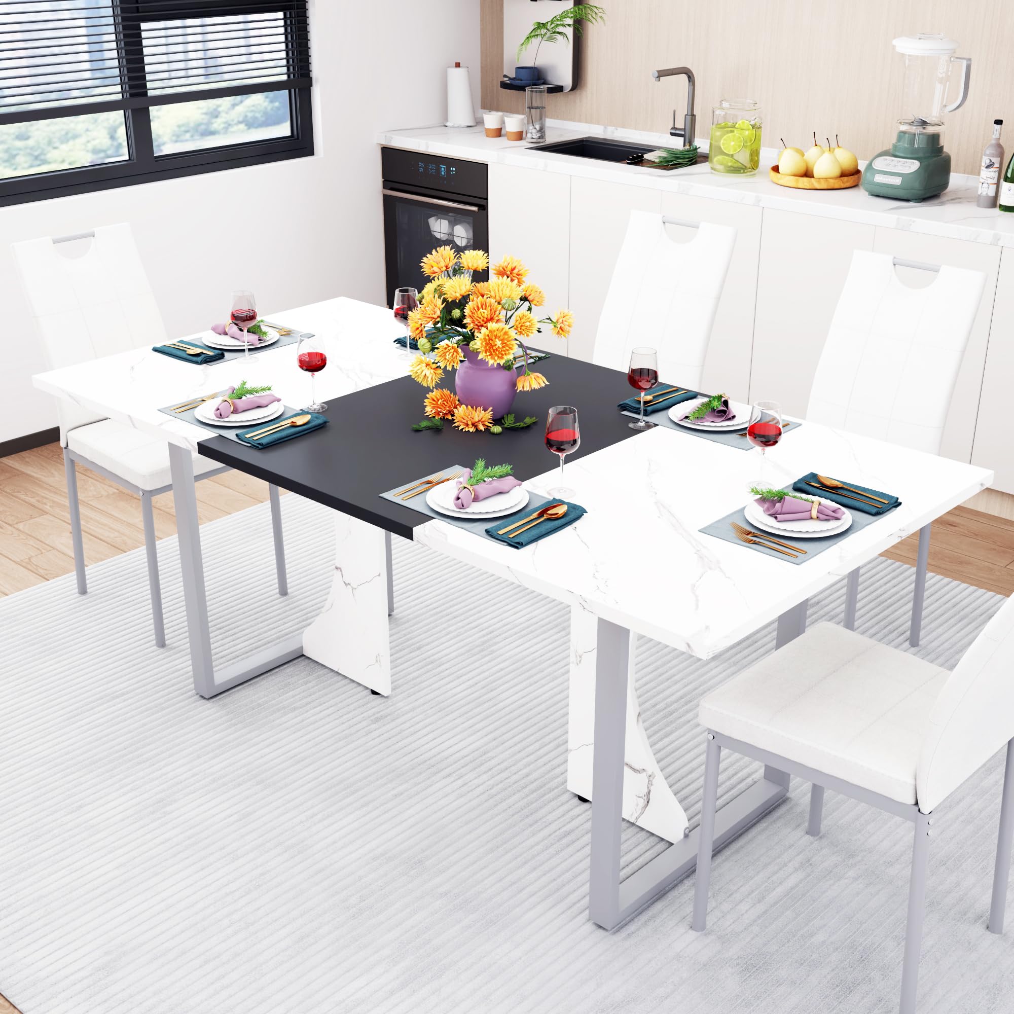 70IN Large Dining Table for 4 5 6 People,White Kitchen Dinner Table W/Marble-Color Wood