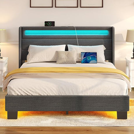 Bed Frame Twin Size with LED Lights and Charging Station, Upholstered Bed with Motion