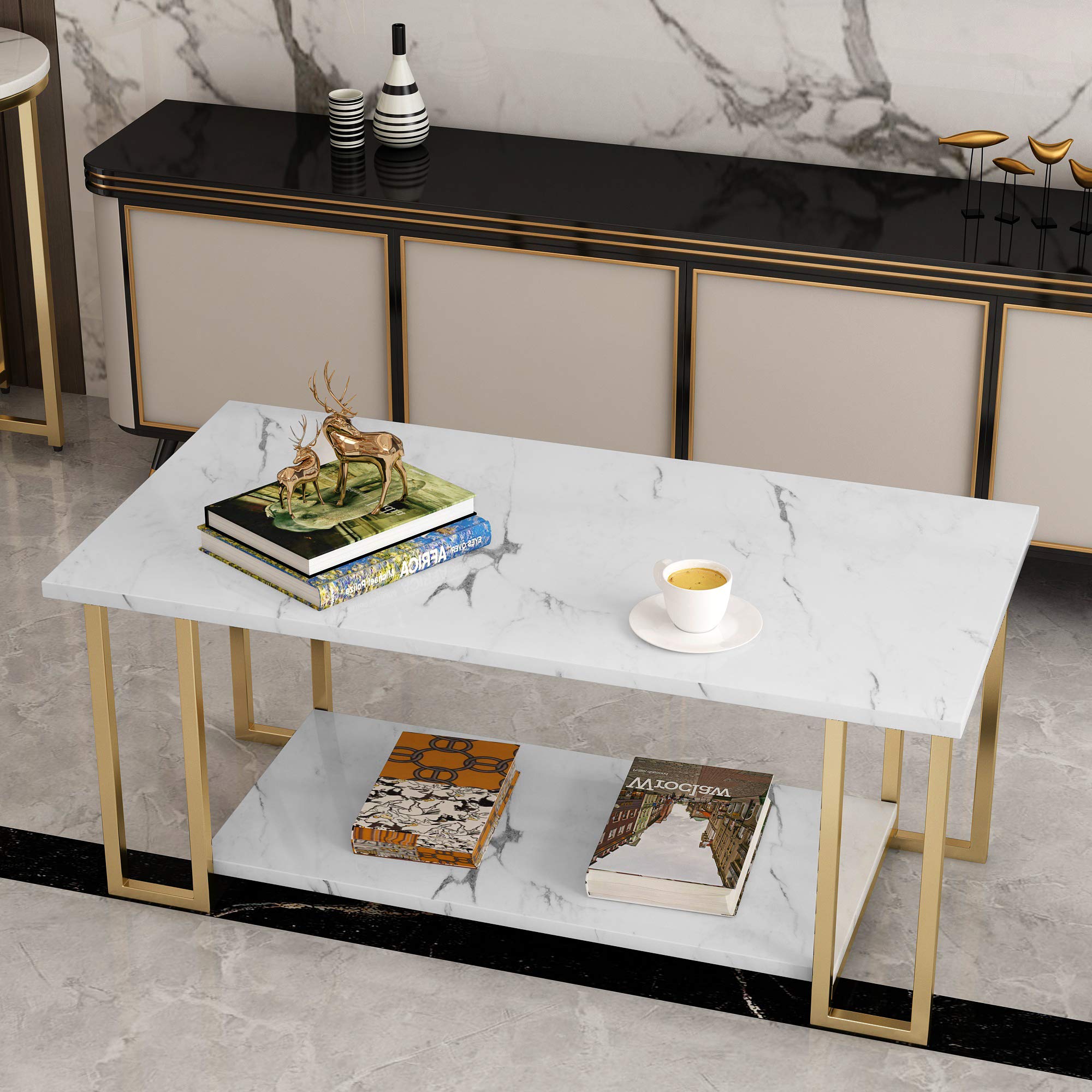 Coffee Table, Gold Base for Living Room-Faux Marble Rectangle Tabletop