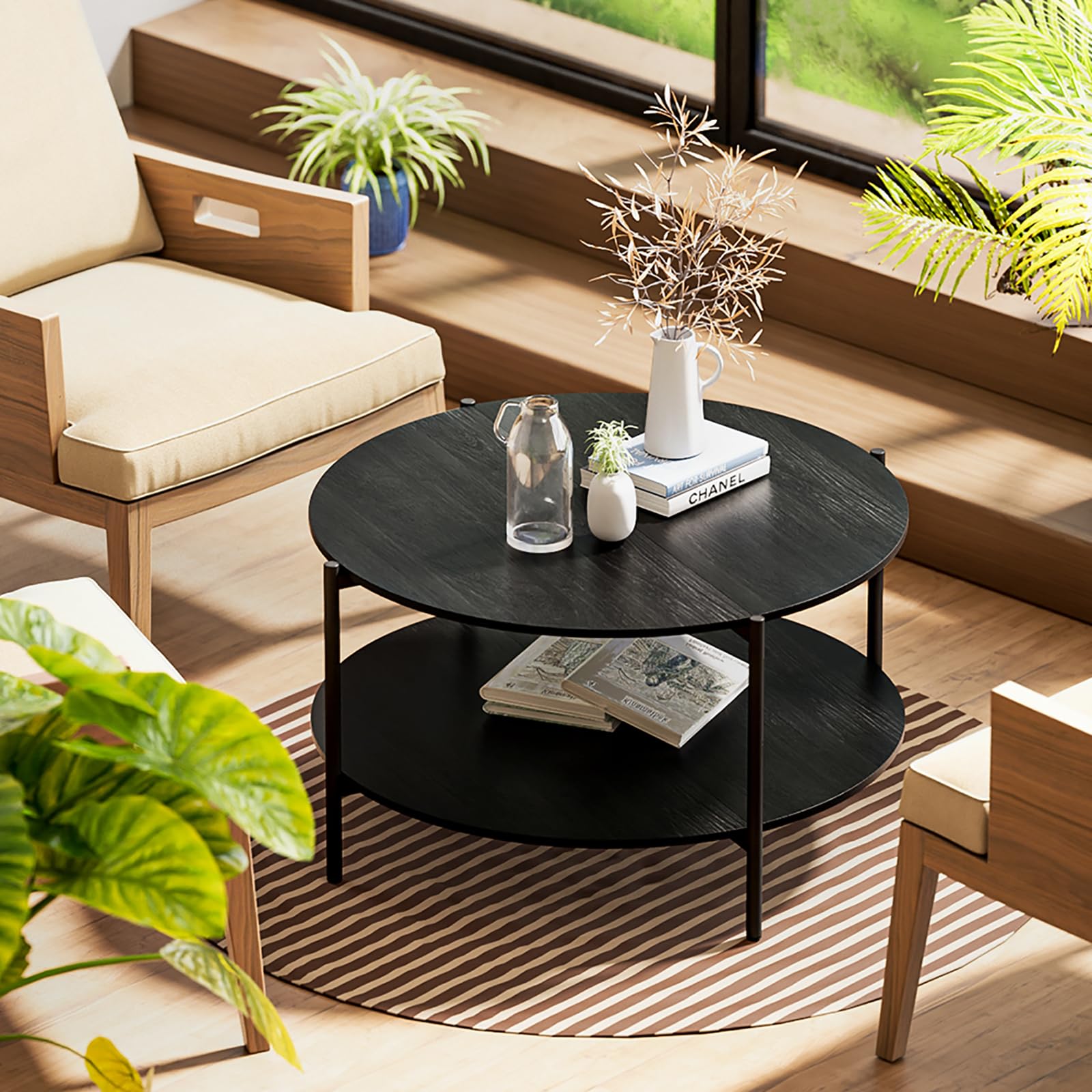 Round Coffee Table, 2-Tier 32.9" Circle Coffee Tables with Storage Wood Rustic