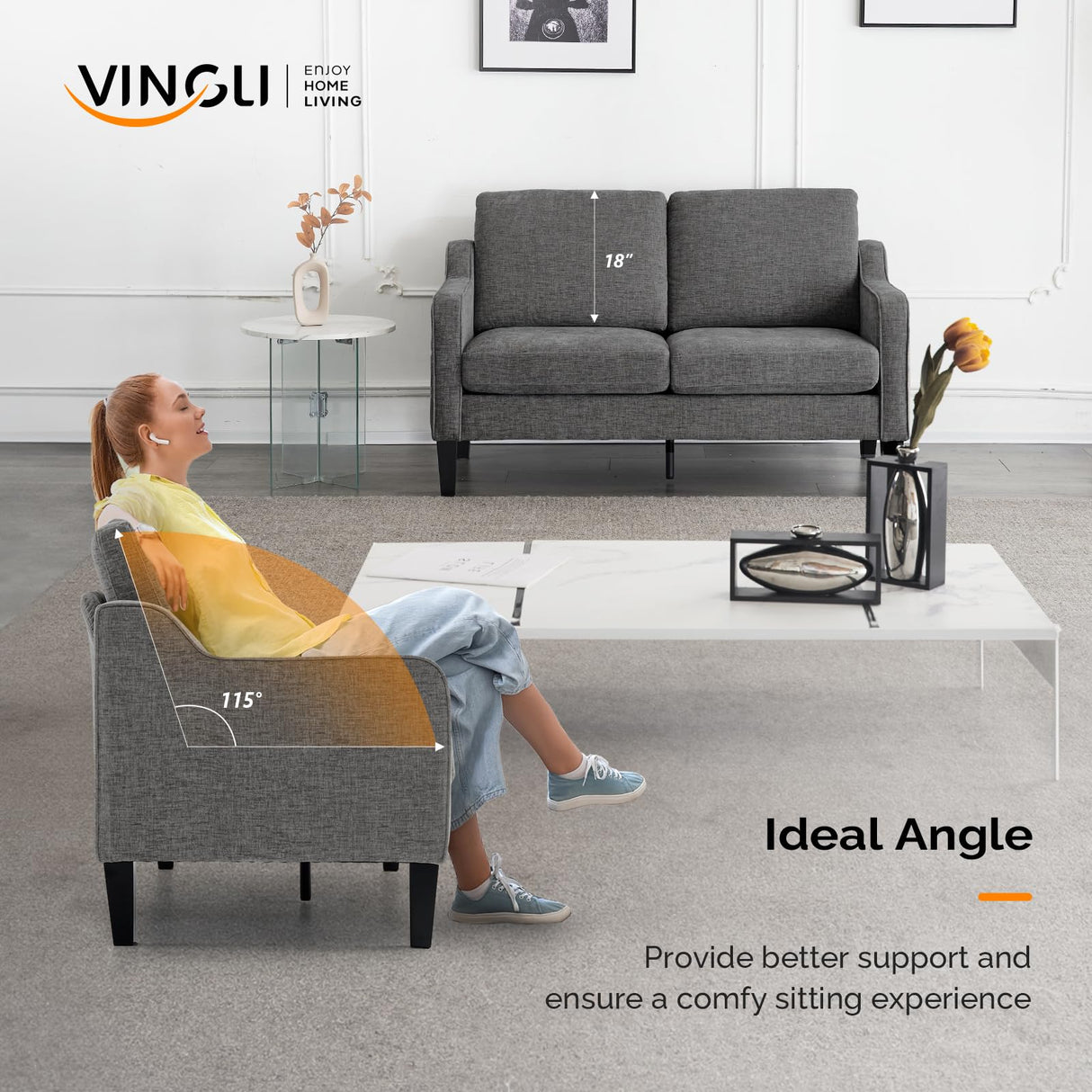 VINGLI 53" Wide Love Seat, Mid-Century Modern Loveseat Sofa Couch with Solid Legs, 2 Seater Sofa Couches with Scooped Armrest for Small Spaces, Living Room, Dorm, Bedroom, Apartment (Light Grey)