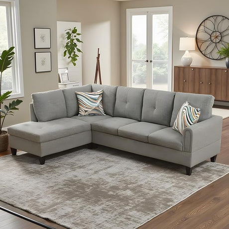 Couch 2 Pieces Sofa with Left Chaise Flannel L Shaped Cloud Couch for Living Room Furniture Sets Frame, Modular Sofa for Living Room, Bedroom, Apartment, Silver Gray