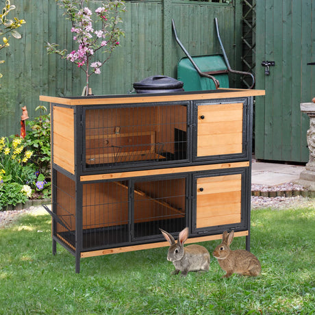 48" 2-Story Large Rabbit Hutch Bunny Cage Wooden Pet House Metal Frame