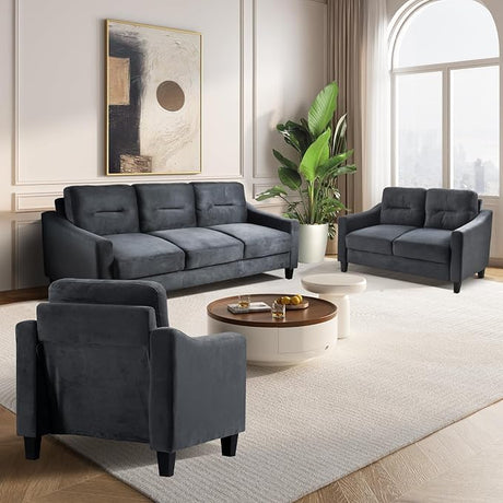 Sectional Sofa 3Pieces, Living Room Furniture Sets, Modern Style Include 7-Seater Loveseat/Armchair, Velvet Button Tufted Sofas&Couches for Bedroom, Office, Black-h615