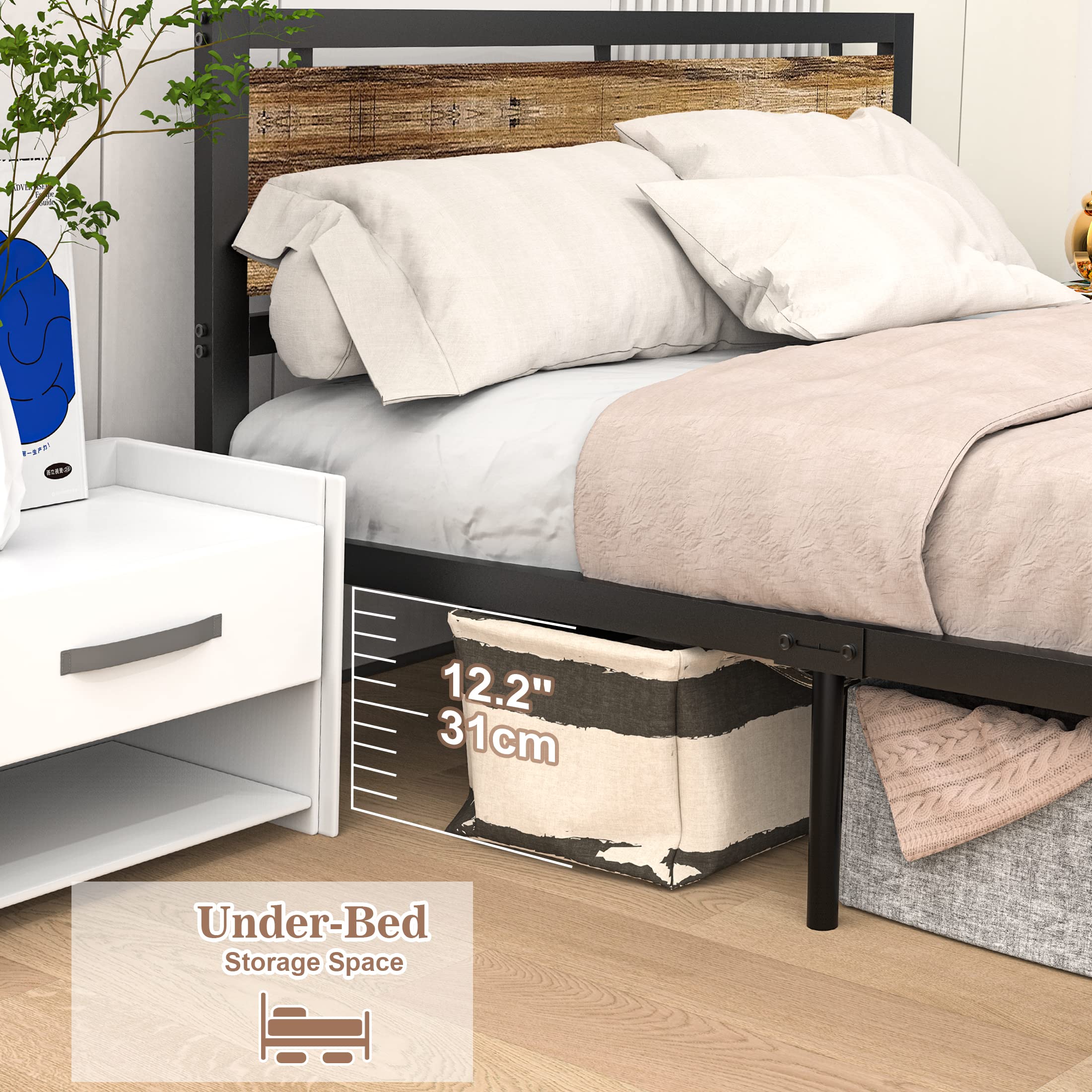 Full Bed Frame with Headboard and Footboard, Heavy Duty Metal Platform