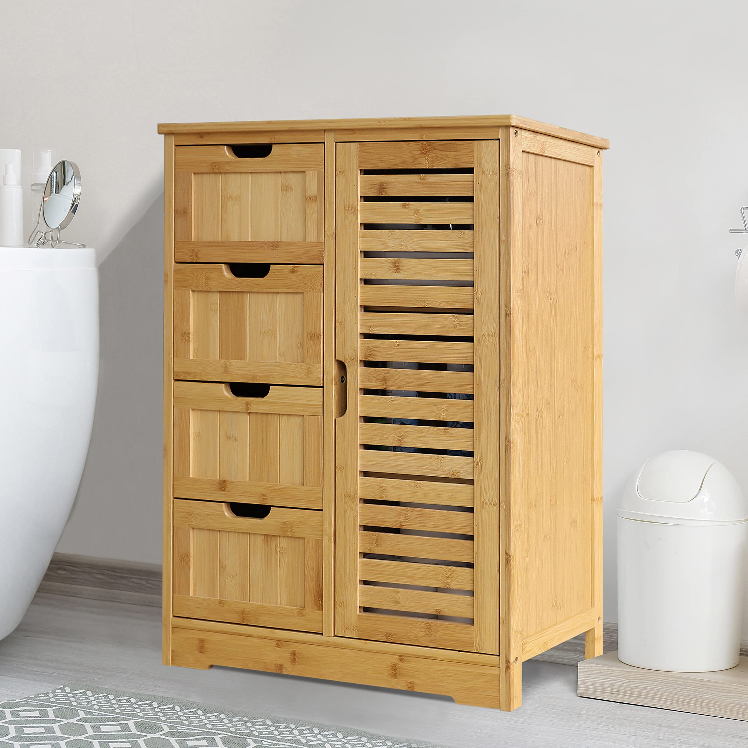 Small Storage Cabinet Bamboo with 4 Drawers and 1 Cupboard, Freestanding Compact Floor Cabinet Bamboo for Entryway