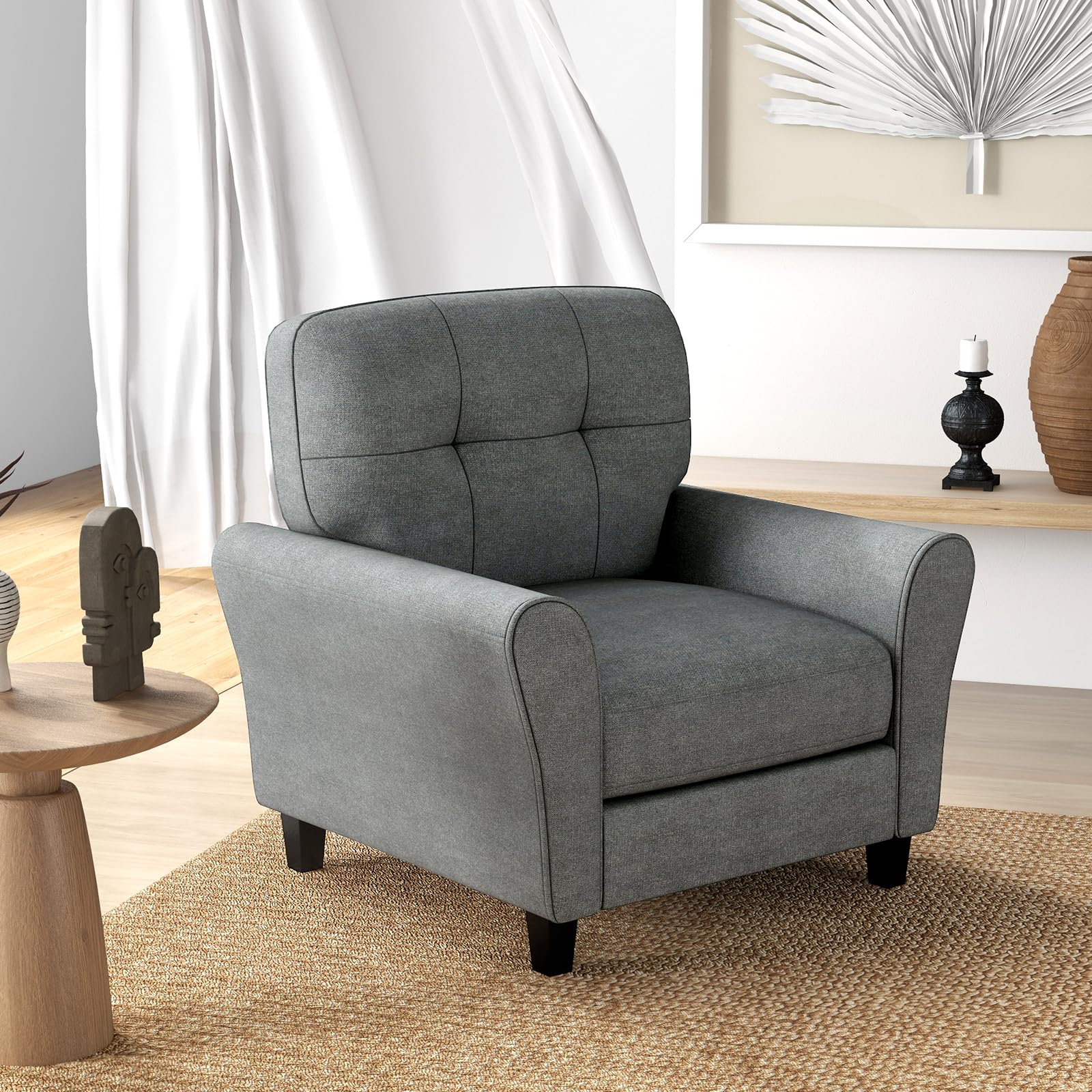 Modern Mid-Century Accent Chair - Linen Living Room Chair with Tufted Back